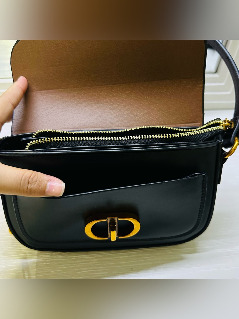 Black PU Leather Shoulder Bag with Gold Hardware - Picture 5 of 10
